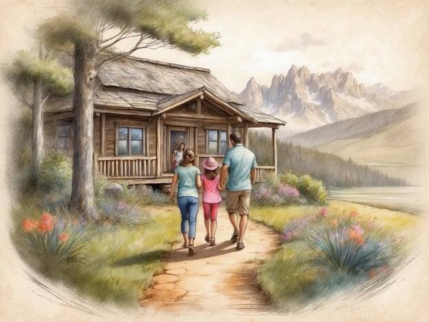 Auf dem Bild ist eine Familie zu sehen, die in Richtung eines gemütlichen Holzhauses geht. Hinter ihnen erstreckt sich eine malerische Landschaft mit Bergen und bunten Blumen. Diese Szene erinnert stark an die Philosophie von Center Parcs, wo Natur, Ruhe und Familienzeit im Vordergrund stehen.Center Parcs wurde 1968 in den Niederlanden gegründet und setzt seitdem auf naturnahe Urlaubsorte, die den Gästen ermöglichen, die Schönheit der Umgebung zu genießen und gleichzeitig verschiedene Aktivitäten anzubieten. Die idyllische Umgebung des Bildes spiegelt das Konzept wider, Familien einen Rückzugsort zu bieten, wo sie gemeinsame Erinnerungen schaffen können, umgeben von der Natur. Hier können Kinder spielen und Erwachsene entspannen, während sie die natürliche Schönheit genießen – ganz im Sinne des Center Parcs Erlebnisses.