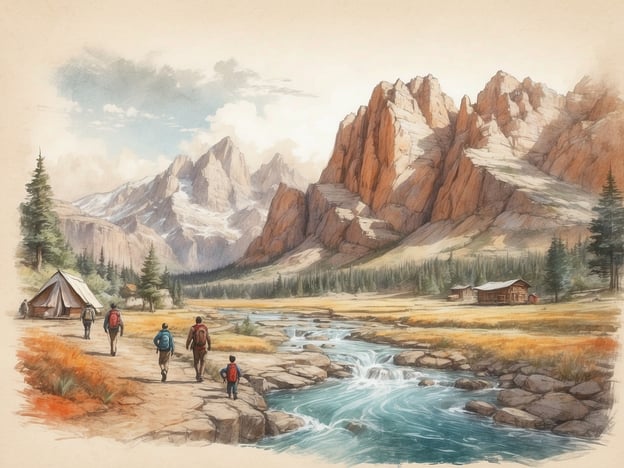 Auf dem Bild sind eine Familie und weitere Wanderer zu sehen, die durch eine malerische Landschaft mit Bergen und einem Fluss spazieren. Es gibt ein Zelt und einige Holzhäuser in der Nähe, was darauf hindeutet, dass sie in der Natur campen.Das Bild zeigt Aktivitäten und Freizeitangebote, die ideal für die ganze Familie sind, wie z.B.:1. **Wandern**: Gemeinsam die Natur erkunden und die frische Luft genießen.2. **Camping**: Übernachtungen im Zelt, was ein tolles Abenteuer für Kinder und Erwachsene ist.3. **Angeln**: Am Fluss kann man angeln und die Zeit am Wasser genießen.4. **Picknicken**: Ein Picknick im Freien könnte eine schöne Ergänzung zu einem Ausflug sein.5. **Naturbeobachtungen**: Tiere und Pflanzen in ihrer natürlichen Umgebung kennenlernen.Diese Aktivitäten fördern das Zusammensein und die Verbundenheit zur Natur.