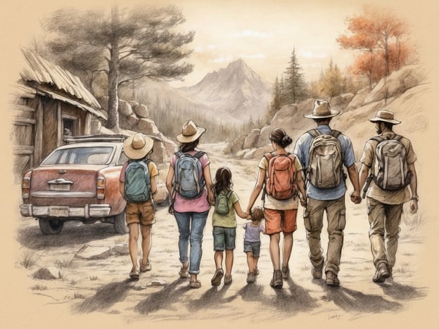 Auf dem Bild ist eine Familie zu sehen, die gemeinsam auf einem Wanderweg in der Natur unterwegs ist. Sie tragen Rucksäcke und Hüte, was darauf hinweist, dass sie sich auf ein Abenteuer in der Natur begeben. Die Umgebung ist von Bergen und Bäumen geprägt, und im Hintergrund sieht man ein rotes Auto sowie ein einfaches Holzgebäude.Diese Art von Aktivitäten eignet sich hervorragend für Familienausflüge, da sie nicht nur die Natur genießen, sondern auch gemeinsame Zeit verbringen können. Wandern fördert das Miteinander, die körperliche Fitness und bietet die Möglichkeit, neue Plätze zu entdecken. Solche Ausflüge sind auch eine wunderbare Gelegenheit, um über die Umwelt zu lernen und die Verbundenheit zur Natur zu stärken.