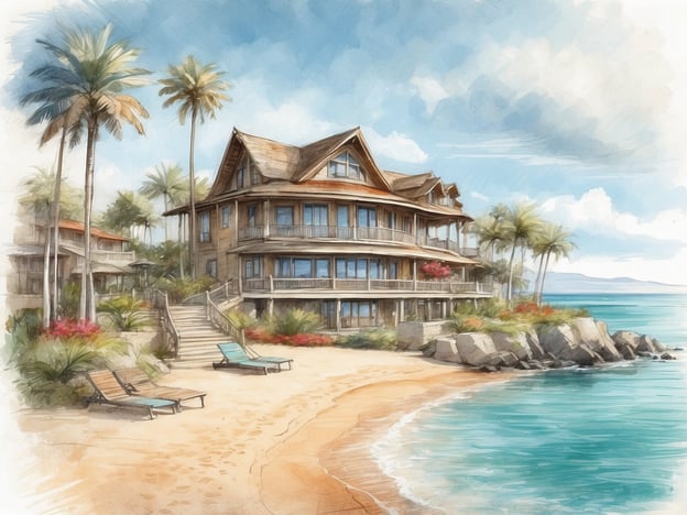 Auf dem Bild ist ein malerisches Strandhaus zu sehen, das von Palmen umgeben ist und direkt am Wasser liegt. Es hat große Fenster und eine einladende Terrasse mit Sitzgelegenheiten, die den Blick auf den Strand und das Meer ermöglichen. Die Umgebung ist tropisch und sonnig, mit einem klaren blauen Himmel.In Bezug auf die Lage von Center Parcs an der Nordseeküste könnte man sagen, dass dieses Bild eine traumhafte Urlaubsatmosphäre vermittelt, die an die entspannenden Momente erinnert, die man in den Center Parcs erleben kann, obwohl sie nicht so tropisch sind. An der Nordseeküste findet man ebenfalls wunderschöne Strände und eine naturnahe Umgebung, die ideal für entspannende Tage ist.