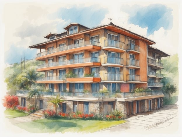 Auf dem Bild ist ein modernes Wohngebäude zu sehen, das mehrere Etagen hat und über Balkone verfügt. Die Fassade ist teilweise aus Stein und Holz, was einen eleganten Eindruck hinterlässt. Um das Gebäude herum gibt es Bäume und blühende Pflanzen, die zur ansprechenden Umgebung beitragen.Dieses Gebäude könnte als Unterkunftsmöglichkeit in Form von Apartments oder Ferienwohnungen dienen. Es bietet einen komfortablen Aufenthalt für Gäste, die eine angenehme Umgebung suchen, möglicherweise mit Blick auf die Natur. Solche Unterkünfte sind ideal für Urlauber oder Personen, die längere Zeit in der Region verbringen möchten.