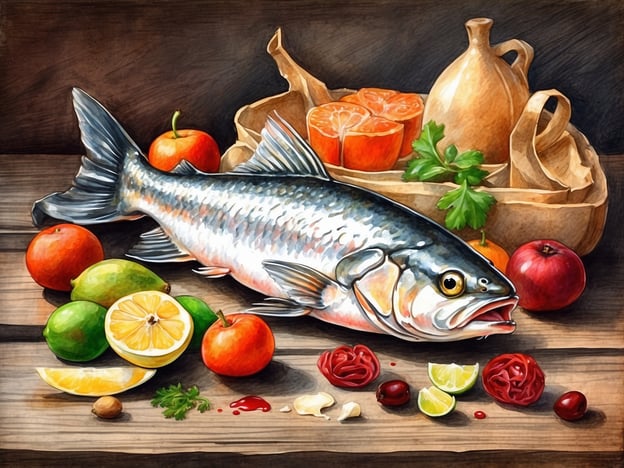 Auf dem Bild ist eine bunte Anordnung kulinarischer Highlights zu sehen. Im Mittelpunkt liegt ein frischer Fisch, umgeben von einer Vielzahl von frischen Früchten und Kräutern. Dazu gehören saftige Zitrusfrüchte wie Limetten, Zitronen und Orangen sowie verschiedene Äpfel und grüne Limetten.Diese Zutaten könnten für ein köstliches Gericht verwendet werden, das frische Aromen und gesunde Inhaltsstoffe vereint. Der Fisch lässt sich hervorragend mit dem Zitrusaroma kombinieren, während die Kräuter und der Knoblauch zusätzlichen Geschmack hinzufügen könnten. Ein Fest für die Sinne!