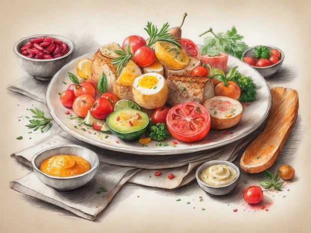 Auf dem Bild ist ein farbenfrohes platziertes Gericht zu sehen, das eine Vielzahl von kulinarischen Genüssen bietet. Es gibt saftige Tomaten, frisches Gemüse wie Gurken und Brokkoli sowie gebratene Stücke von Fleisch oder vegetarischen Alternativen. Zusätzlich sind einige Eier, möglicherweise hartgekocht oder gefüllt, vorhanden.Die Anrichte umfasst auch verschiedene Dips oder Saucen in kleinen Schüsseln, die das Gericht perfekt ergänzen. Insgesamt vermittelt das Bild einen einladenden Eindruck von abwechslungsreicher und gesunder Küche, die sowohl nährstoffreich als auch schmackhaft wirkt.