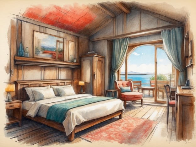 Auf dem Bild ist ein gemütliches Zimmer in einer Unterkunft zu sehen. Es verfügt über ein großes Bett mit weichen Kissen und einer Decke. Neben dem Bett steht ein Nachttisch mit einer Lampe. Die Wände sind aus Holz, und es gibt ein großes Fenster mit Blick auf das Wasser und die Landschaft draußen.In der Ecke des Zimmers gibt es einen Schreibtisch und einen Stuhl, während einen entspannenden Sitzbereich mit einem Sessel bereitsteht. Die Fenster sind mit Vorhängen geschmückt, die Licht hereinlassen und eine angenehme Atmosphäre schaffen. Insgesamt vermittelt der Raum einen einladenden und ruhigen Eindruck, ideal für Entspannung und Erholung.