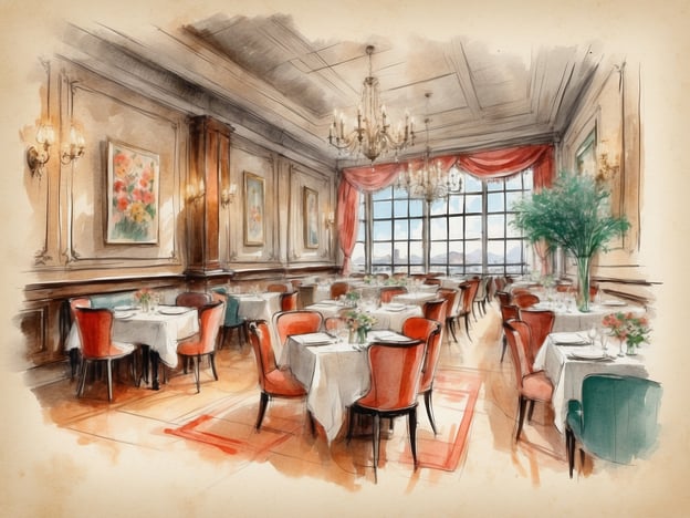 Auf dem Bild ist ein elegantes Restaurant zu sehen. Der Raum ist geschmackvoll eingerichtet, mit Tischen, die mit weißen Tischdecken bedeckt sind. Die Stühle sind in verschiedenen Farben, hauptsächlich Rot und Grün, und verleihen dem Ambiente eine gemütliche Atmosphäre.Die Wände sind mit wunderschönen Bildern dekoriert, und es gibt große Fenster, die viel Tageslicht hereinlassen und einen Ausblick auf die Umgebung bieten. Außerdem hängt ein großer Kronleuchter von der Decke, was dem Raum eine luxuriöse Note verleiht. Insgesamt scheint es ein einladender Ort für gehobene Gastronomie zu sein.