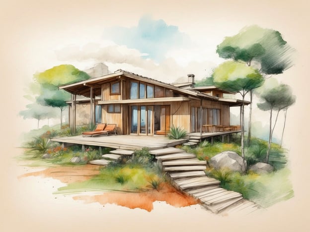 Auf dem Bild ist eine skizzenhafte Darstellung eines modernen Holzhauses zu sehen, das harmonisch in eine naturnahe Umgebung integriert ist. Diese Bauweise könnte gut zum Umwelt- und Nachhaltigkeitskonzept von Center Parcs De Eemhof passen, das auf umweltfreundliche architektonische Lösungen setzt.Das Haus zeigt große Fenster, die viel natürliches Licht hineinlassen und den Bewohnern einen Blick auf die umliegende Natur ermöglichen. Die Verwendung von Holzmaterialien und die naturnahe Gestaltung fördern eine nachhaltige Lebensweise, indem sie die Verbindung zur Umgebung stärken und den ökologischen Fußabdruck minimieren.Zusätzlich könnte die Terrasse mit Sonnenliegen darauf hinweisen, dass Erholung im Freien ein wichtiger Bestandteil des Aufenthalts ist, während die umgebende Vegetation zur Biodiversität beiträgt und einen positiven Einfluss auf das regionale Ökosystem hat. Solche Konzepte fördern nicht nur den Komfort der Gäste, sondern unterstützen auch den respektvollen Umgang mit der Natur.
