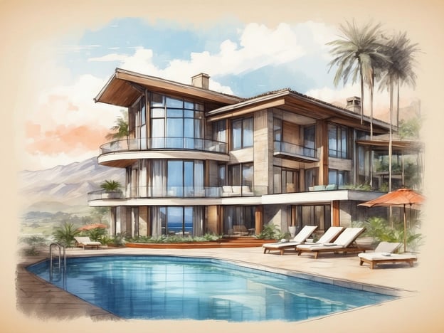 Auf dem Bild ist eine moderne Villa zu sehen, die luxuriöse Unterkünfte bietet. Die Architektur zeichnet sich durch große Fenster aus, die viel Licht hereinlassen und einen schönen Blick auf die Umgebung ermöglichen.Die Ausstattung umfasst einen einladenden Swimmingpool und komfortable Liegen, die zum Entspannen einladen. Es gibt auch Sonnenschirme für Schatten. Die Villa ist von üppigen Pflanzen und Palmen umgeben, was zu einer entspannten, tropischen Atmosphäre beiträgt.
