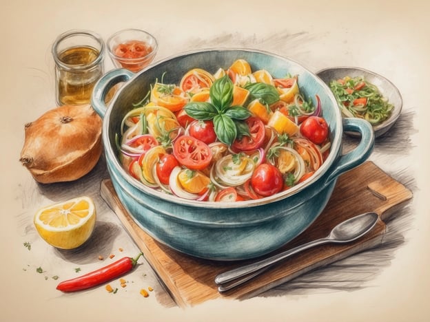 Auf dem Bild ist eine bunte, frische Gemüsesalat-Mischung zu sehen, die in einem einer großen blauen Schüssel angerichtet ist. Der Salat enthält verschiedene Zutaten wie Tomaten, Zwiebeln und Paprika, die eine lebendige Farbpalette bieten. Zudem sind frische Kräuter, wie Basilikum, darauf dekoriert, was dem Gericht eine aromatische Note verleiht.Neben der Schüssel sieht man einige weitere kulinarische Elemente: eine Zwiebel, eine halbe Zitrone und eine kleine rote Chili, die für zusätzliche Schärfe sorgen kann. Auch ein paar Gläser mit Öl und einer würzigen Sauce sind zu erkennen, die wahrscheinlich als Dressing für den Salat verwendet werden. Insgesamt vermittelt das Bild ein Gefühl von Frische und gesunder Ernährung, ideal für ein leichtes Sommergericht.