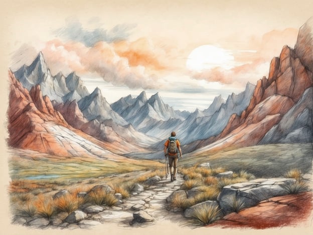 Auf dem Bild ist eine malerische Berglandschaft zu sehen, in der eine Person auf einem Wanderweg geht. Die Umgebung ist von hohen, majestätischen Bergen und sanften Hügeln geprägt, die von warmen Farben in den Wolken und der untergehenden Sonne beleuchtet werden.In dieser Gegend gibt es zahlreiche Freizeitmöglichkeiten, wie zum Beispiel:1. **Wandern**: Die vielfältigen Wanderwege bieten verschiedene Schwierigkeitsgrade, ideal für Wanderer und Naturliebhaber.2. **Klettern**: Die schroffen Felsen sind perfekt für Kletterer, die herausfordernde Routen suchen.3. **Fotografie**: Die atemberaubende Landschaft eignet sich hervorragend für Natur- und Landschaftsfotografie.4. **Vogelbeobachtung**: In der Region könnte es viele verschiedene Vogelarten geben, die in den Wäldern und Bergen leben.5. **Picknicken**: Malerische Plätze bieten sich für ein entspanntes Picknick in der Natur an.Diese Aktivitäten ermöglichen es, die Schönheit und Ruhe der Natur zu genießen.