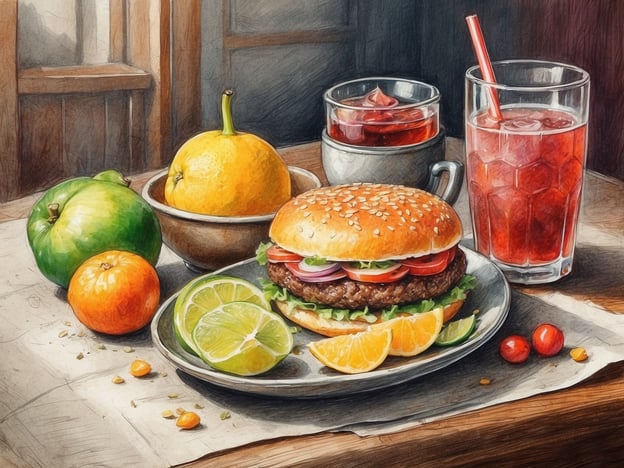 Auf dem Bild ist eine appetitliche Anordnung von Essen und Trinken zu sehen. In der Mitte befindet sich ein Burger mit einem Sesambrötchen, der mit frischem Gemüse und einer Patty gefüllt ist. Daneben liegen einige Scheiben von Limetten und Orangen.Außerdem sind zwei Gläser Getränke zu sehen: eines scheint mit einer roten Flüssigkeit gefüllt zu sein, möglicherweise ein Fruchtsaft oder Cocktail, und das andere ist etwas dunkler. Rund um das Essen sind verschiedene Früchte platziert, darunter Äpfel und eine Birne.