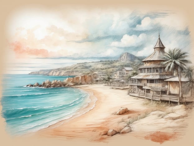 Auf dem Bild ist eine malerische Küstenlandschaft mit einem Sandstrand und kristallklarem Wasser zu sehen. Im Hintergrund sind sanfte Hügel und eine charakteristische Felsformation, die das Landschaftsbild prägen.In der Umgebung könnte es zahlreiche Sehenswürdigkeiten geben, wie zum Beispiel einen Leuchtturm, der den Schiffen den Weg weist, oder nationale Parks, die zu Wanderungen und Erkundungstouren einladen. Aktivitätsmöglichkeiten umfassen Schwimmen, Surfen oder Strandspaziergänge, und es könnten auch Restaurants oder Cafés in Küstennähe vorhanden sein, die lokale Spezialitäten anbieten.