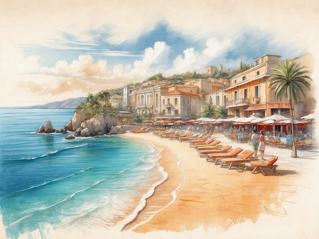 Auf dem Bild ist ein schöner Strand mit einer sanften Küstenlinie, Liegestühlen und Palmen zu sehen. Im Hintergrund erkennt man ein malerisches Dorf mit bunten Gebäuden und Terrassen unter Sonnenschirmen. Die Szene vermittelt ein Gefühl von Entspannung und Urlaub.Hier sind einige Tipps für den perfekten Aufenthalt am Strand:1. **Frühzeitig ankommen**: Um die besten Liegen in der Sonne oder im Schatten zu ergattern, solltest du früh zum Strand kommen.2. **Sonnenschutz verwenden**: Vergiss nicht, Sonnencreme aufzutragen, um dich vor Sonnenbrand zu schützen.3. **Snack und Trinken**: Bring genug Getränke und Snacks mit, um dich den ganzen Tag über zu erfrischen.4. **Aktivitäten planen**: Erkunde Wassersportarten wie Schnorcheln oder Kajakfahren, um deinen Aufenthalt aufregender zu gestalten.5. **Gemütliche Pausen**: Nimm dir Zeit, um einfach zu entspannen und die Aussicht zu genießen.6. **Lokale Spezialitäten probieren**: Wenn es Essensmöglichkeiten gibt, koste regionale Gerichte für ein authentisches Erlebnis.7. **Abendspaziergang**: Genieße den Sonnenuntergang mit einem Spaziergang am Strand – eine perfekte Art, den Tag ausklingen zu lassen.Viel Spaß beim Entspannen und Erleben!