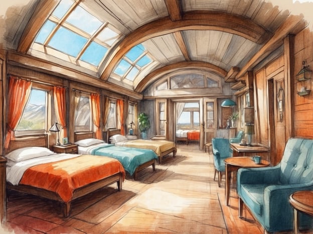 Auf dem Bild ist ein gemütliches Zimmer zu sehen, das eine warme und einladende Atmosphäre ausstrahlt. Das Zimmer ist mit mehreren Betten ausgestattet, die farblich unterschiedlich gestaltet sind, darunter ein orangenes und ein mintgrünes Bett. Große Fenster mit Vorhängen lassen viel Tageslicht herein und bieten einen Blick auf die umliegende Landschaft, was für eine angenehme Umgebung sorgt.Zusätzlich ist das Zimmer mit einem kleinen Tisch und Sesseln ausgestattet, die zum Entspannen einladen. Es gibt auch eine Lampe auf einem Nachttisch sowie Pflanzen, die dem Raum lebendigen Flair verleihen.Dieses Zimmer könnte als Unterkunft in einem Hotel oder einer Berghütte dienen und bietet eine ideale Möglichkeit für Erholung und geselliges Beisammensein. Angebote könnten Übernachtungen mit Frühstück oder spezielle Pakete für Familien und Gruppen umfassen, die Aktivitäten in der Natur beinhalten.