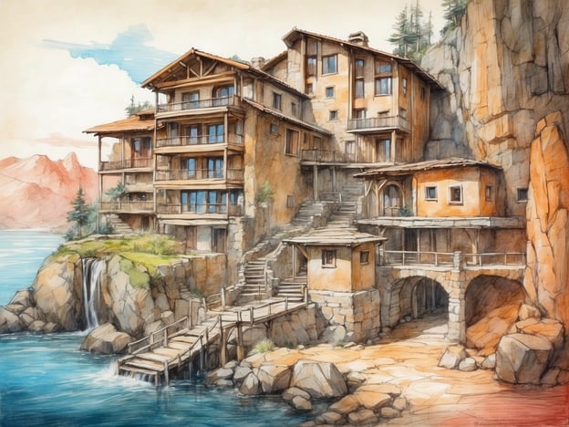 Auf dem Bild ist eine wunderschöne Unterkunft zu sehen, die in einer malerischen Umgebung am Wasser und unterhalb von Bergen liegt. Die Gebäude sind in einem rustikalen Stil gehalten, mit Holz und Stein, und fügen sich harmonisch in die Landschaft ein.Aktivitäten, die hier genossen werden könnten, umfassen:- Wandern in den nahegelegenen Bergen.- Entspannen am Wasser oder am kleinen Wasserfall.- Bootfahren auf dem ruhigen Gewässer.- Genießen von Ausblicken auf die Natur von den Terrassen der Unterkunft.Diese Anlage eignet sich hervorragend für einen erholsamen Urlaub in der Natur.