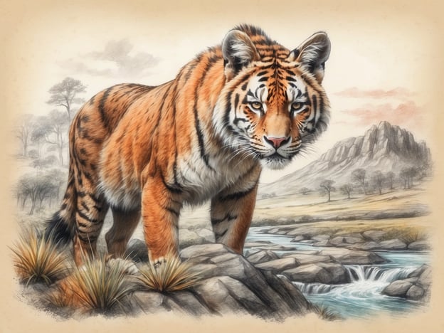 Auf dem Bild ist ein majestätischer Tiger zu sehen, der auf einem Felsen steht. Im Hintergrund erstreckt sich eine malerische Landschaft mit Bergen und einem fließenden Gewässer, das sanft über die Steine plätschert. Die Vegetation wirkt wild und unberührt, mit einigen Bäumen und Gräsern, die das Bildrahmen.Diese Art von Umgebung könnte ideal für einen Ausflug in einen Nationalpark sein, wo Besucher die Tierwelt und die natürliche Schönheit hautnah erleben können. Beliebte Ziele für solche Erlebnisse könnten zum Beispiel der Ranthambore-Nationalpark in Indien oder der Bandhavgarh-Nationalpark sein, wo Tiger in ihrem natürlichen Lebensraum beobachtet werden können.