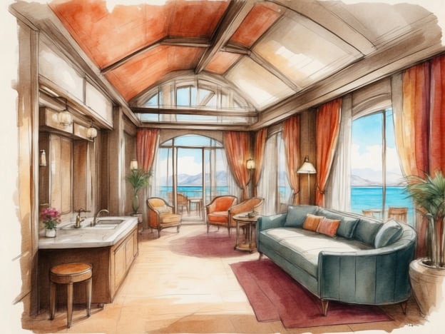 Auf dem Bild ist eine stilvoll gestaltete Unterkunft zu sehen, die eine großzügige und helle Wohnfläche bietet. Die großen Fenster sorgen für viel Tageslicht und ermöglichen einen wunderschönen Blick auf das Wasser.In der Unterkunft sind folgende Annehmlichkeiten vorhanden:- Eine gemütliche Sofa-Sitzgruppe mit dekorativen Kissen.- Ein eleganter Esstisch mit Stühlen.- Eine moderne Küchenzeile mit einem Waschbecken und viel Stauraum.- Stilvolle Vorhänge und eine ansprechende Farbgestaltung, die eine einladende Atmosphäre schafft.- Pflanzen, die für eine frische und entspannende Umgebung sorgen.Diese Unterkunft scheint ideal für einen entspannten Aufenthalt am Wasser zu sein.