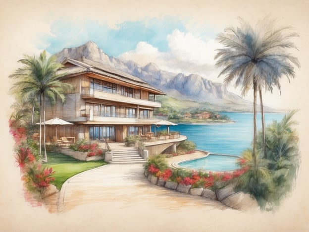 Auf dem Bild ist eine skizzierte Ansicht eines modernen Ferienhauses oder Resorts zu sehen, das in eine idyllische Landschaft eingebettet ist. Es zeigt eine stilvolle Architektur mit großen Fenstern, terrassenförmigen Ebenen und einem Pool, der in die Umgebung integriert ist. Im Vordergrund gibt es üppige Pflanzen und Palmen, die eine tropische Atmosphäre schaffen, während im Hintergrund majestätische Berge zu sehen sind.
Bezogen auf die Geschichte des Center Parcs Terhills Resorts in Belgien, lässt sich sagen, dass das Resort in einer malerischen Gegend errichtet wurde, die Natur und Erholung miteinander vereint. Der Standort bietet zahlreiche Freizeitmöglichkeiten, darunter Wander- und Radwege, die die Verbindung zur Natur fördern. Das Design des Resorts spiegelt auch den Wunsch wider, den Gästen eine harmonische und entspannende Umgebung zu bieten, ähnlich wie das im Bild dargestellte Szenario.