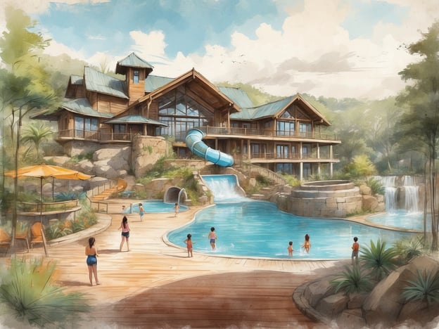 Das Bild zeigt eine malerische Darstellung eines modernen Freizeitkomplexes mit einem großen Außenpool und einer Wasserrutsche. In der Umgebung sind Gäste, vorwiegend Kinder, die im Wasser spielen und den Sonnenschein genießen. Die Architektur des Gebäudes ist rustikal, mit Holzverkleidungen und großen Fenstern, die eine einladende Atmosphäre schaffen.
Der Center Parcs Les Ardennes ist bekannt für seine schönen Landschaften und zahlreiche Freizeitmöglichkeiten. Hier können Familien und Freunde unvergessliche Momente in der Natur verbringen, Spaß im Schwimmbad haben und sich entspannen. Die Kombination aus Abenteuer und Erholung macht diesen Ort zu einem idealen Ziel für einen Kurzurlaub.