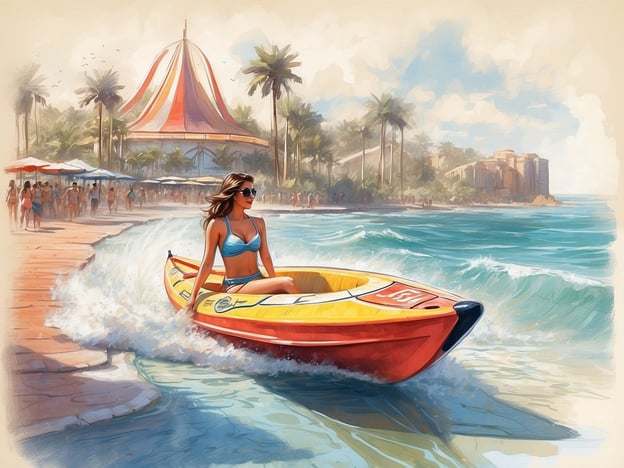 Auf dem Bild ist eine Frau zu sehen, die in einem Kajak auf dem Wasser paddelt. Um sie herum sind Palmen und eine Strandpromenade mit vielen Menschen, die sich entspannen und die Sonne genießen. Im Hintergrund könnte es einen Freizeitpark oder ein Vergnügungszentrum geben.
Mögliche Aktivitäten und Unterhaltungsmöglichkeiten, die man hier erleben kann, sind:
1. Kajakfahren oder andere Wassersportarten.
2. Entspannen am Strand oder am Wasser.
3. Spaziergänge entlang der Promenade.
4. Besuche in Freizeitparks oder an Attraktionen in der Nähe.
5. Genießen von Erfrischungen in Strandcafés oder Restaurants.
Es scheint ein lebhaftes, sommerliches Ambiente zu sein, perfekt für einen Tagesausflug oder Urlaub.
