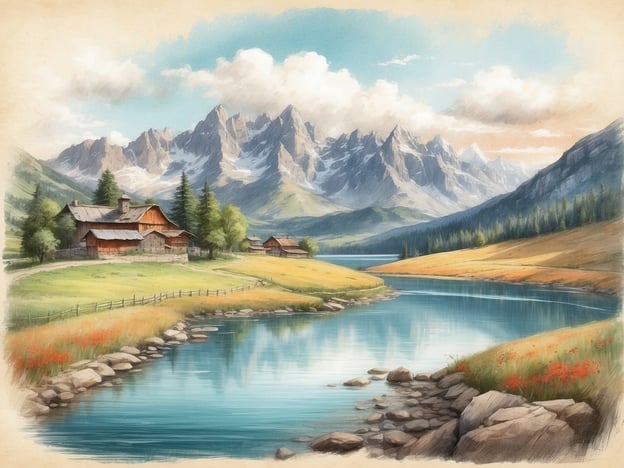 Auf dem Bild ist eine malerische Landschaft zu sehen. Im Vordergrund fließt ein ruhiger Fluss, dessen Wasser in sanften Blau- und Grüntönen schimmert. Am Flussufer liegen einige Steine, die zur natürlichen Umgebung passen.In der Mitte des Bildes stehen mehrere traditionelle Holzhäuser, umgeben von üppigem Grün und Bäumen. Diese Häuser scheinen in einer ländlichen Umgebung angesiedelt zu sein, was eine friedliche und idyllische Stimmung erzeugt.Im Hintergrund erheben sich majestätische Berge, deren Gipfel teilweise von Wolken umhüllt sind. Die Berge sind schroff und bedeckt mit etwas Schnee, was auf eine höhere Lage hindeutet. Die gesamte Szenerie strahlt eine ruhige und harmonische Atmosphäre aus, die von der Natur und der ländlichen Architektur geprägt ist.
