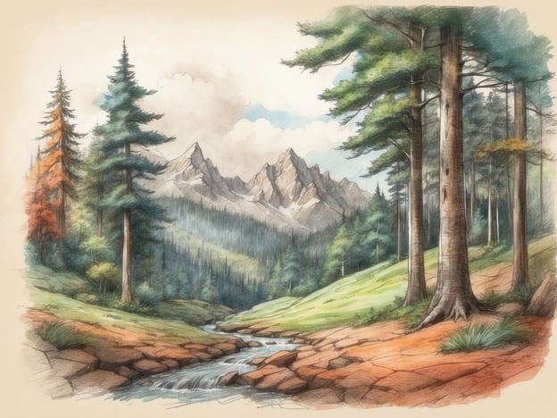 Auf dem Bild ist eine idyllische Landschaft zu sehen, die von hohen Bäumen, einem klaren Fluss und majestätischen Bergen im Hintergrund geprägt wird. Die Darstellung erzeugt eine ruhige und naturnahe Atmosphäre, möglicherweise in einem Waldgebiet.Der Center Parc Les Trois Forêts liegt in der Region Lothringen in Frankreich, umgeben von einer ähnlichen naturnahen Umgebung. Die dortige Landschaft ist ebenfalls geprägt von Wäldern, Hügeln und Gewässern, was sie zu einem idealen Ort für Naturfreunde und Erholungsuchende macht.