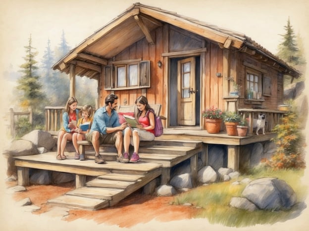 Auf dem Bild ist eine gemütliche Holzunterkunft zu sehen, die typisch für die Center Parcs ist. Die Familie sitzt entspannt auf der Veranda und liest Bücher, was auf eine entspannte Zeit in der Natur hinweist. In den Center Parcs können Gäste ähnliche Unterkünfte erleben, die inmitten von Wäldern oder an Gewässern gelegen sind.Zusätzlich zu den Unterkünften bietet Center Parcs eine Vielzahl von Aktivitäten an, darunter Fahrradfahren, Wandern und Schwimmen in den subtropischen Schwimmbädern. Es gibt auch Programmangebote für Kinder und Jugendliche, die für Unterhaltung sorgen. Die Atmosphäre ist ideal für Familien, die sich gemeinsam erholen und Spaß haben möchten.