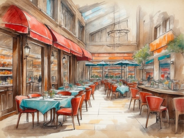 Auf dem Bild ist eine einladende Gastronomie zu sehen, die in einem hellen Innenhof oder einer Passage angesiedelt ist. Die Tische sind elegant gedeckt, mit blauen Tischdecken und roten Stühlen. Rote Markisen schützen die Gäste vor der Sonne, und es gibt einige Sonnenschirme, die zusätzlich Schatten spenden.In der Umgebung sind Anzeichen von Einkaufsmöglichkeiten erkennbar, mit Geschäften im Hintergrund, die eine Vielzahl von Produkten anbieten könnten. Die gesamte Atmosphäre wirkt lebhaft und einladend, ideal für einen entspannten Aufenthalt zum Essen oder Trinken, während man die Einkaufsmöglichkeiten in der Nähe erkundet.