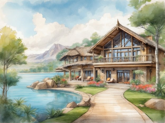 Auf dem Bild ist ein malerisches Haus am Wasser zu sehen, umgeben von einer grünen Landschaft mit Bäumen und Blumen. Besonders auffällig ist die großzügige Veranda mit bequemen Stühlen, die einen Blick auf das Wasser und die Berge im Hintergrund bietet.**Was ist Center Parc Villages Nature Paris?** Es handelt sich um ein Urlaubsresort in der Nähe von Paris, das eine Kombination aus Natur, Entspannung und Freizeitaktivitäten bietet. Das Resort umfasst verschiedene Unterkünfte, wie Ferienhäuser und Bungalows, sowie zahlreiche Freizeitangebote wie Wasserparks, Wellnessbereiche und Naturerlebnisse. Es ist ein beliebtes Ziel für Familien und Reisende, die Erholung und Abenteuer in einer schönen Umgebung suchen.