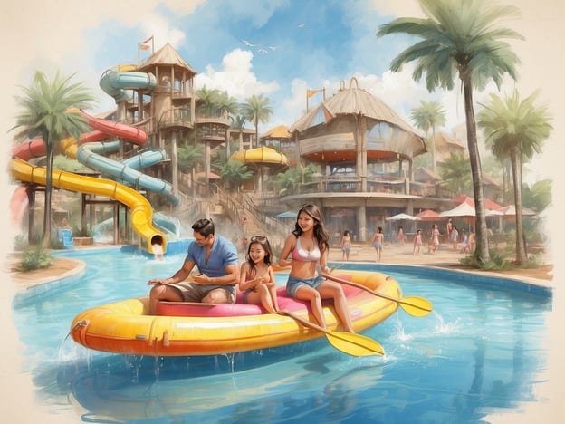 Auf dem Bild ist eine fröhliche Familie zu sehen, die in einem bunten Schlauchboot auf einer Wasserbahn paddelt. Im Hintergrund erkennt man einen aufregenden Wasserpark mit mehreren Wasserrutschen in verschiedenen Farben, umgeben von Palmen und einem sonnigen Himmel.Besonders einzigartig an Center Parc Villages Nature Paris sind die Kombination aus Spaß und Erholung. Zu den Highlights zählen:1. **Wasserwelt Aqualagon**: Ein großes Erlebnisbad mit verschiedenen Rutschen und Wellenbecken.2. **Naturerlebnis**: Die Anlage ist in eine wunderschöne Landschaft integriert, die naturbelassene Spaziergänge und Aktivitäten im Freien ermöglicht.3. **Familienfreundliche Aktivitäten**: Zahlreiche Aktivitäten für Familien, die sowohl Entspannung als auch Abenteuer bieten.4. **Wellness-Angebote**: Möglichkeiten zur Entspannung in Spas und Wellnessbereichen, die Ruhe und Erholung fördern.Diese Elemente machen das Erlebnis im Center Parc Villages Nature Paris besonders attraktiv für Familien und Naturliebhaber.