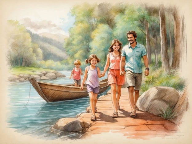Auf dem Bild ist eine Familie zu sehen, die am Ufer eines Gewässers spaziert. Es handelt sich um zwei Kinder, die zusammen mit einem Erwachsenen, vermutlich ihrem Vater, unterwegs sind. Im Hintergrund sieht man ein Boot auf dem Wasser sowie eine malerische Landschaft mit Bäumen und Hügeln.Der Center Parc Les Bois-Francs ist ein Urlaubsziel in Frankreich, das sich gut für Familien eignet. Es bietet eine Vielzahl von Aktivitäten inmitten der Natur, darunter Bootsfahrten, Wandern und Radfahren. Die Anlage verfügt über verschiedene Freizeitangebote wie einen Wasserpark, Spielplätze und Wellness-Bereiche, ideal für entspannte Familienurlaube.