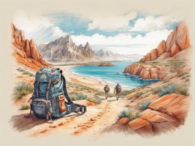 Auf dem Bild ist eine schöne Landschaft zu sehen, in der zwei Wanderer an einem Pfad entlanggehen. Im Vordergrund steht ein Rucksack, der auf den Boden gelegt ist. Die Szene spielt an einem Küstenabschnitt mit beeindruckenden Felsen und Bergen im Hintergrund.Diese Ansicht lässt auf verschiedene Freizeitmöglichkeiten schließen, wie zum Beispiel:- **Wandern**: Die Wanderer auf dem Pfad deuten darauf hin, dass diese Region ideal für Wanderungen ist.- **Naturerkundung**: Die Umgebung lädt dazu ein, die Natur zu entdecken und die Landschaft zu genießen.- **Fotografie**: Die malerische Kulisse könnte auch Fotografen anziehen, die die Schönheit der Natur festhalten möchten.- **Camping**: Mit einem Rucksack wäre diese Gegend auch geeignet für einen Campingausflug, um die Natur hautnah zu erleben.
