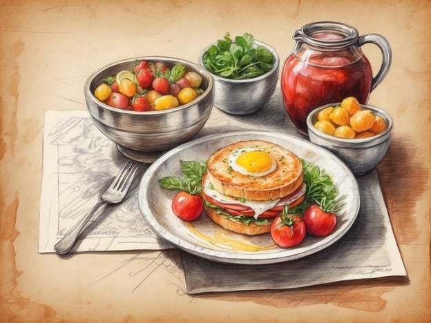 Auf dem Bild sind einige kulinarische Highlights zu sehen. Im Vordergrund liegt ein appetitliches Gericht: ein Sandwich mit einem Spiegelei, frischen Salatblättern, Tomatenscheiben und vermutlich Schinken oder einer anderen Einlage. Daneben befinden sich einige Kirschtomaten, die dem Gericht einen farbenfrohen Akzent verleihen.Im Hintergrund gibt es mehrere Schalen mit einer bunten Mischung aus Obst und Gemüse, darunter Erdbeeren und verschiedene kleine Tomaten, sowie eine Schale mit weiteren Früchten. Ein Krug mit einer roten Flüssigkeit könnte ein frischer Saft oder ein Smoothie sein, der das ganze Arrangement abrundet. Diese Auswahl bietet eine köstliche und gesunde Mahlzeit, die zum Genießen einlädt.