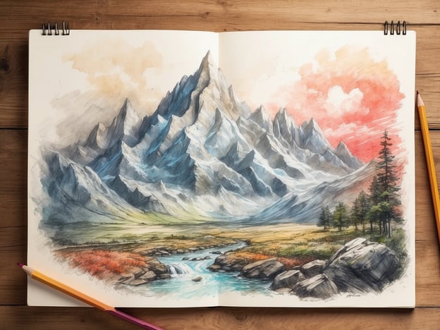 Auf dem Bild ist eine malerische Landschaft mit majestätischen Bergen, sanften Hängen und einem klaren Fluss zu sehen. Die Berge sind aufwendig detailliert und scheinen in verschiedenen Grautönen und Blau-Schattierungen gemalt zu sein. Vor den Bergen erstreckt sich eine grüne Wiese, die in warmen Farben lebendig wirkt.Diese Art von Umgebung eignet sich hervorragend für einen Ausflug in die Natur. Beliebte Ziele könnten Wanderungen in den Bergen oder Spaziergänge entlang des Flusses sein. Solche Landschaften bieten oft spektakuläre Aussichtspunkte, die für Fotografie und Naturbeobachtungen ideal sind. Auch Aktivitäten wie Angeln, Picknicken oder einfaches Entspannen am Wasser wären hier möglich.