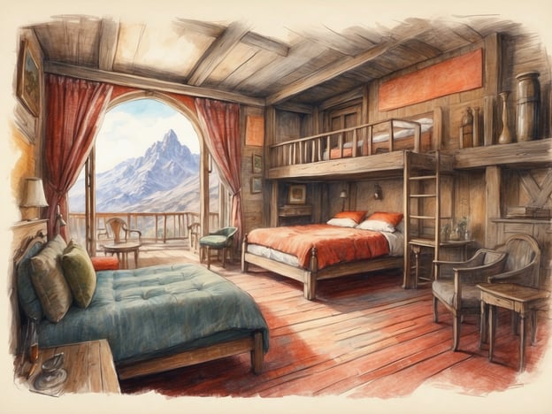 Auf dem Bild ist ein gemütliches Zimmer in einer Berghütte zu sehen. Die Unterkunft bietet zwei Schlafmöglichkeiten: ein großes Bett und ein Hochbett. Durch die großen Fenster hat man einen wunderbaren Blick auf die umliegenden Berge, was die Atmosphäre sehr einladend macht.Zu den Aktivitäten, die man in einer solchen Unterkunft unternehmen kann, gehören Wandern in der Natur, Entspannen auf der Terrasse, oder einfach das Genießen der herrlichen Landschaft durch die Fenster. Das rustikale Design des Zimmers fördert ein Gefühl von Behaglichkeit und Verbundenheit mit der Natur.
