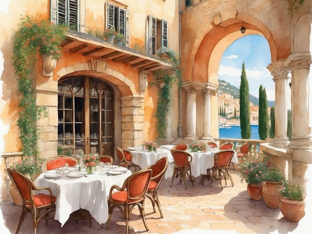 Auf dem Bild ist eine malerische Restaurantterrasse zu sehen, die von Pflanzen umgeben ist und einen Blick auf das Wasser bietet. Die Atmosphäre wirkt einladend und romantisch.Kulinarische Highlights der Region könnten hier typisch italienische Gerichte sein, wie frische Pasta mit Pesto, Meeresfrüchte wie Spaghetti alle Vongole, oder lokale Spezialitäten wie Risotto mit Steinpilzen. Dazu könnten hochwertige italienische Weine serviert werden, die perfekt zu den Gerichten passen und das Erlebnis abrunden.