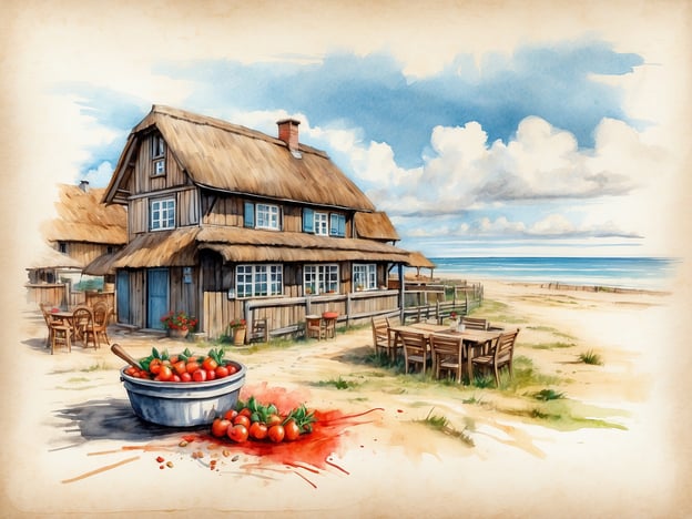 Auf dem Bild ist ein malerisches, reetgedecktes Haus zu sehen, das an einem Strand liegt. Im Vordergrund steht eine Schüssel mit Tomaten. Auf Föhr sind frische, regionale Zutaten ein kulinarisches Highlight, und die Tomaten könnten als Zutat für verschiedene Gerichte typisch sein.Besonders beliebt sind auf der Insel die Friesenpfanne und verschiedene Fischgerichte, die mit frischen Kräutern und Gemüse, wie Tomaten, zubereitet werden. Auch die berühmten „Friesen-Torte“ oder traditionelle Käse aus der Region ergänzen die kulinarische Vielfalt von Föhr. Die Umgebung lädt dazu ein, die lokale Gastronomie zu genießen, während man den Blick auf das Meer genießt.