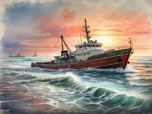 Auf dem Bild ist ein Schiff zu sehen, das durch wilde Wellen fährt, während die Sonne im Hintergrund untergeht. Der Himmel hat warme Farben, die auf einen schönen Sonnenuntergang hinweisen.Halligen sind kleine, mit Gras bewachsene Inseln in der Nordsee, die oft von Wasser umgeben sind und bei Hochwasser überflutet werden. Sie sind einzigartig, da sie keinen Schutz durch Deiche haben und die Bewohner sich an die sich ständig ändernden Wasserstände anpassen müssen. Die Halligen sind besonders reich an Flora und Fauna und ein wichtiger Lebensraum für zahlreiche Tierarten.