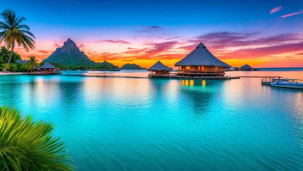Tropisches Paradies mit Wasserbungalows, glitzerndem Wasser, Palmen, Sonnenuntergang und majestätischen Bergen im Hintergrund.