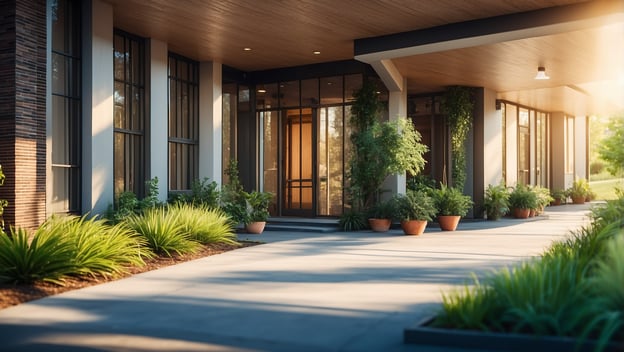Moderne Eingangsansicht eines WoodSpring Suites mit gepflegtem Gehweg und grünen Pflanzen in Töpfen.