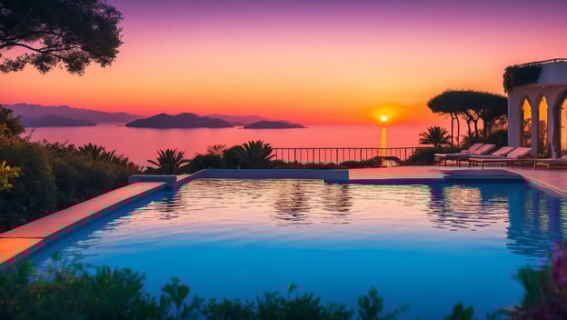 Luxuriöse Villa mit Pool, Blick auf das Meer und einen farbenfrohen Sonnenuntergang über den Bergen.