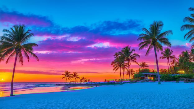 Ein traumhafter Sonnenuntergang über einem weißen Sandstrand, umgeben von Palmen und sanften Wellen des Ozeans.