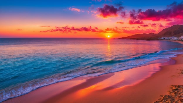 Ein farbenfroher Sonnenuntergang über dem ruhigen Wasser und dem Sandstrand von Kap Verde, umgeben von sanften Hügeln.