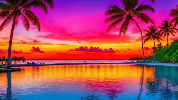 Traumhafter Sonnenuntergang über einem ruhigen Meer mit Palmen und einem glitzernden Pool im Vordergrund. Farbenfroh und einladend.