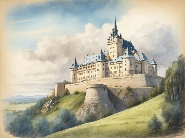 Eine majestätische Burg thront auf einem Hügel, umgeben von sanften, grünen Landschaften. Die imposanten Türme mit blauen Dächer und der große, massive Mauerring laden dazu ein, in eine Welt vergangener Zeiten einzutauchen. Wolken ziehen sanft über den Himmel und verleihen der Szenerie einen malerischen Glanz. Die reich verzierten Architekturdetails der Burg erzählen Geschichten von Rittern und Prinzessinnen und laden zur Entdeckungsreise durch die reichen Legenden der slowakischen Burgen und Schlösser ein.