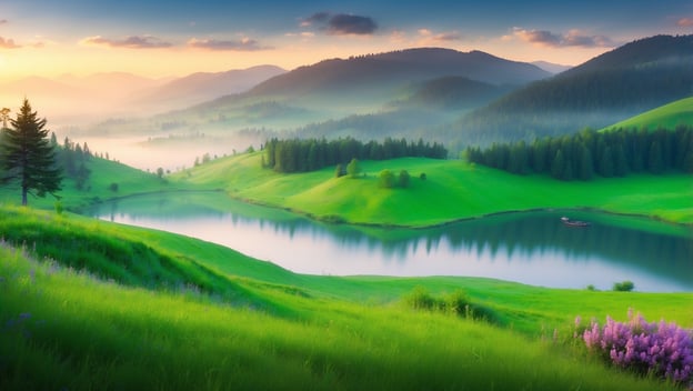 Friedliche Landschaft mit grünen Hügeln, Bäumen und einem ruhigen See, umgeben von sanften Nebelschwaden und blühenden Pflanzen.