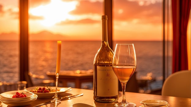 Eine Flasche Wein und ein Glas stehen auf einem Tisch mit Tellern und frischen Früchten, während ein Sonnenuntergang im Hintergrund leuchtet.