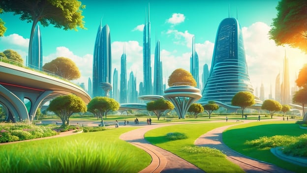 Futuristische Stadtlandschaft mit hohen Wolkenkratzern, Grünflächen und geschwungenen Wegen unter blauem Himmel.