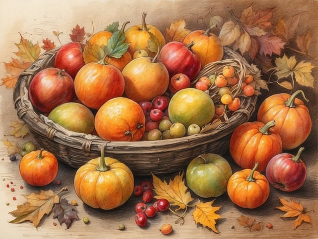 Auf dem Bild ist ein Korb voller herbstlicher Genüsse zu sehen, der verschiedene Kürbisse und Äpfel in warmen Herbstfarben präsentiert. Die orange, rote und gelbe Farbpalette spiegelt die reiche Erntezeit des Herbstes wider. Um den Korb herum liegen bunte Herbstblätter, die die Atmosphäre der Saison unterstreichen.In vielen Kulturen ist der Herbst auch mit Traditionen wie dem Erntedankfest verbunden, bei dem die Fülle der Ernte gefeiert wird. Kürbisse sind ein klassisches Symbol dieser Zeit und werden oft für Dekorationen oder in schmackhaften Gerichten verwendet. Äpfel sind ebenfalls typisch für den Herbst und werden oft zu Apfelkuchen oder in Cider verarbeitet. Die Darstellung auf dem Bild lädt dazu ein, die herbstlichen Köstlichkeiten und Traditionen in vollen Zügen zu genießen.