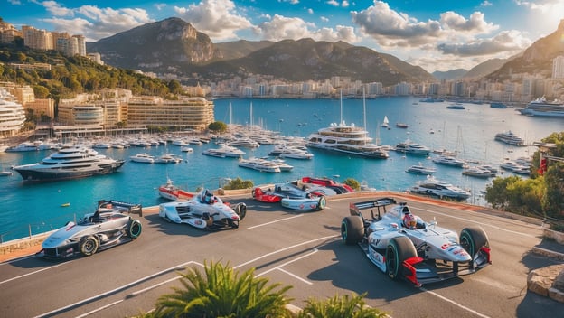 Rennwagen stehen auf einer Küstenstraße in Monaco mit Blick auf das Meer und Yachten im Hafen hinter ihnen.