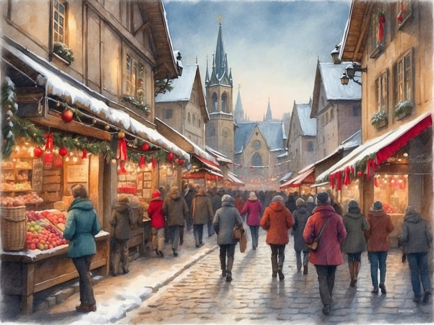 Auf dem Bild sind winterliche Szenen von einem Weihnachtsmarkt zu sehen. Die Gassen sind mit Schnee bedeckt, und die festlich dekorierten Stände bieten eine Vielzahl von Waren an, darunter frisches Obst und handgemachte Produkte. Die Menschen schlendern gemütlich durch die Straßen, eingehüllt in warme Kleidung, während sie die festliche Atmosphäre genießen.Weihnachtsmärkte sind in vielen Regionen bekannt und beliebt. Sie sind oft mit Lichtern, glänzenden Ornamenten und traditionellen Puppen geschmückt. Beliebte Bräuche, die auf solchen Märkten stattfinden, sind das Trinken von Glühwein, der Genuss von gebrannten Mandeln und die Vorfreude auf das Fest der Liebe. Häufig findet man auch traditionelle Leckereien wie Lebkuchen und Stollen, die den besonderen Charme dieser Jahreszeit ausmachen.